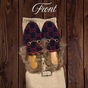 Gucci Princetown Slippers Mules Navy GG Wool Shearling Horsebit | Size 38